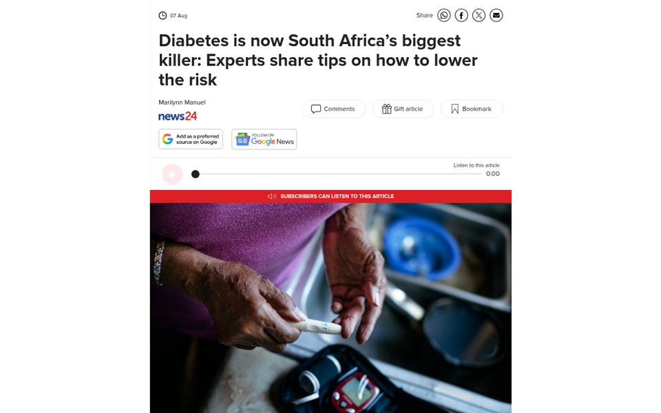 News24 coverage: Diabetes is now South Africa’s biggest killer: Experts share tips on how to lower the risk