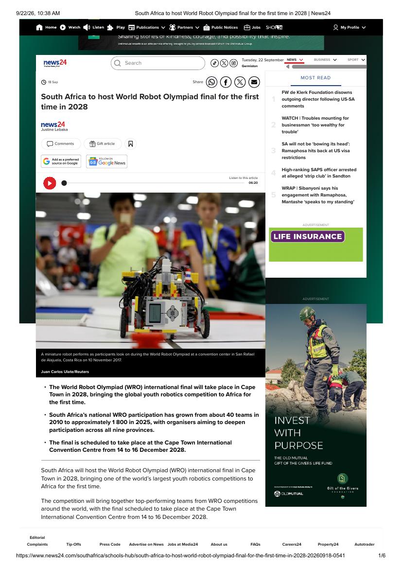 Novus Online News coverage: South Africa to host World Robot Olympiad final for the first time in 2028